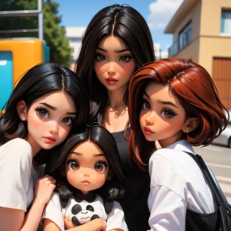 Generate 6 hugging bratz dolls with the following characteristics, una de ellas que sea pelirroja alta y de lentes, otra de ellas que sea de pelo naranja alta y de piel blanca, otra de ellas que sea de altura baja con piel morena y pelo rubio, otra de ella...