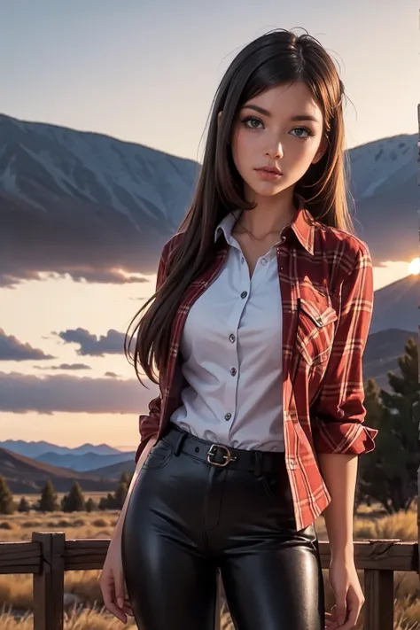 photorealistic style of a brunette with long hair in black leather pants and a plaid shirt against the backdrop of the colorado ...