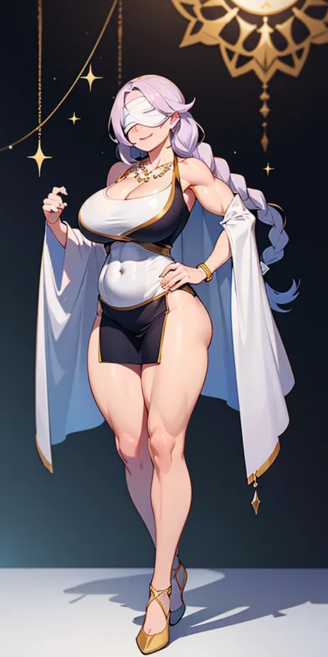 (masterpiece, HI quality: 1.1) 1girl full body standing good face, nice ass, hairstyle: braid, Color Hair: long hair, Blindfolded: NO EYES, Skin: White (porcelain skin, sparkly skin), muscular, thighs, Mature woman, Abs, looks at the viewer smiling, extrem...