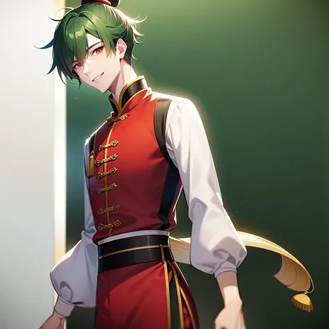 Tall and manly young man, slim build, green hair tied in a high ponytail, pale complexion, red eyes, smiling, traditional ancient Chinese clothing in ocher, grey, white and gold.