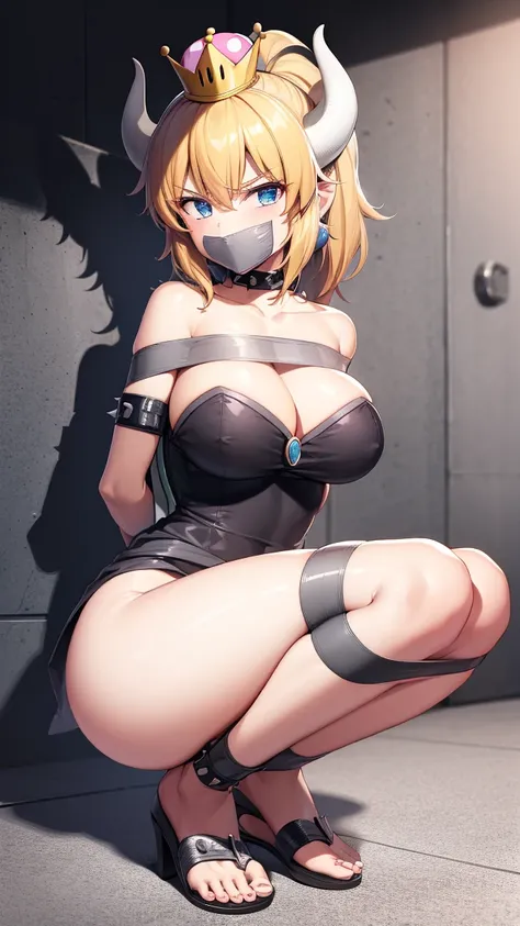 Bowsette, natural lighting, masterpiece, highly detailed, illustration, game CG, absurdres, high quality, aichan, large breasts, beautiful detailed eyes, short, (tape gag), (tape bound), (arms bound), (legs bound:1.2), eyes wide, shocked, surprised, collar...