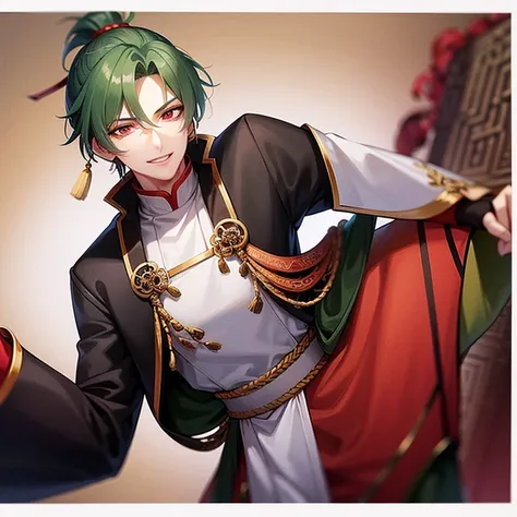 Tall and manly young man, slim build, green hair tied in a high ponytail, pale complexion, red eyes, smiling, traditional ancient Chinese clothing in ocher, grey, white and gold.