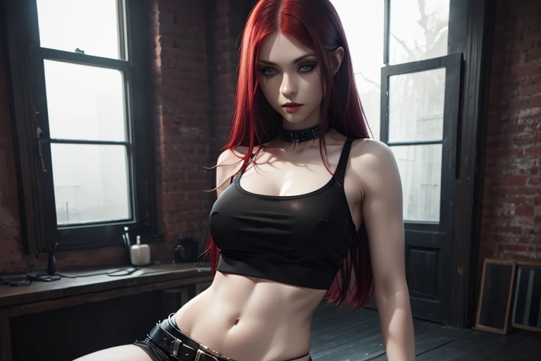 Photorealistic, Ultra realistic, 16k, high quality, cinematic lights, dream atmosphere, dream aesthetic, 1girl, scarlet-red hair, realistic silky hair(red), cute pale-turquoise eyes (shiny look), long flowing hair(realistic), gothic makeup, pale-white skin...