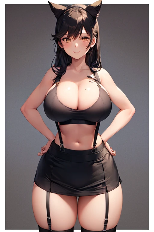 ((1girl)), perfect face, atago, black hair, long hair, brown eyes, animal ears, ((dark background)), ((facing forward)), cowboy shot, lustful smile, in the center, ((giant breasts)), ((bending over, bending forward)), ((hands on hips)), ((perfect hands, co...