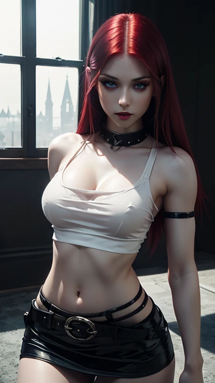 Photorealistic, Ultra realistic, 16k, high quality, cinematic lights, dream atmosphere, dream aesthetic, 1girl, scarlet-red hair, realistic silky hair(red), cute pale-turquoise eyes (shiny look), long flowing hair(realistic), gothic makeup, pale-white skin...