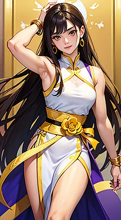 Beautiful woman , very long hair , dark brown hair , gold eyes , lean body , yellow under hair , age 26

Wearing a white dress, purple and gold trim , black straps, sleeveless , long white arm bands , modern Qipao, Sexy , light purple accessories ,