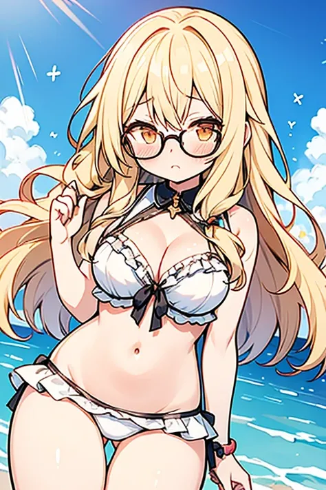 girl、high school student、Blonde、Hair that flies around、long hair、Orange eyes、Wearing black-rimmed glasses、Thick thighs、（（G-Cup））、unconfident、Blushing（（highest quality））、Anime Style、Ocean、White Bikini、It has frills、There is a cleavage、