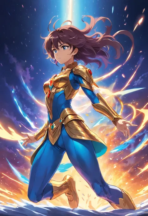 Une illustration incroyablement détaillée de la saga Gemini de l’anime Saint Seiya portant son armure jumelle dorée, position de combat, femme, 25 ans, cheveux longs, Explosion galactique, tout le corps, incredible details, ombres parfaites, dynamic backgr...