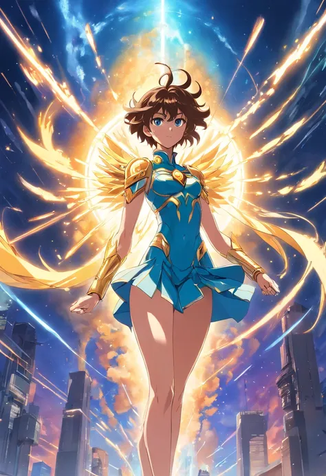 Une illustration incroyablement détaillée de la saga Gemini de l’anime Saint Seiya portant son armure jumelle dorée, position de combat, femme, 25 ans, cheveux longs, Explosion galactique, tout le corps, incredible details, ombres parfaites, dynamic backgr...