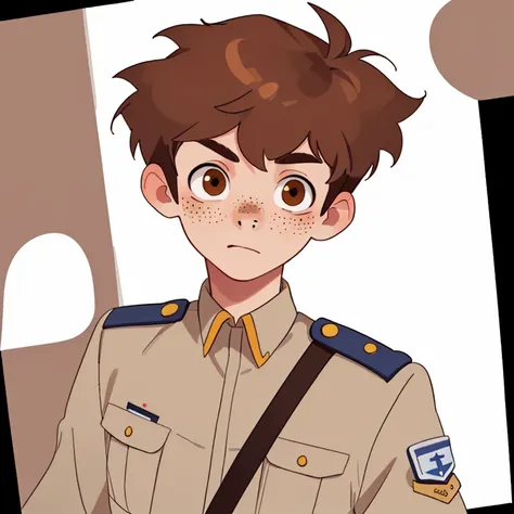 Draw a 19 y/o man with brown hair, brown eyes, light freckles on face, dresses in uniform.