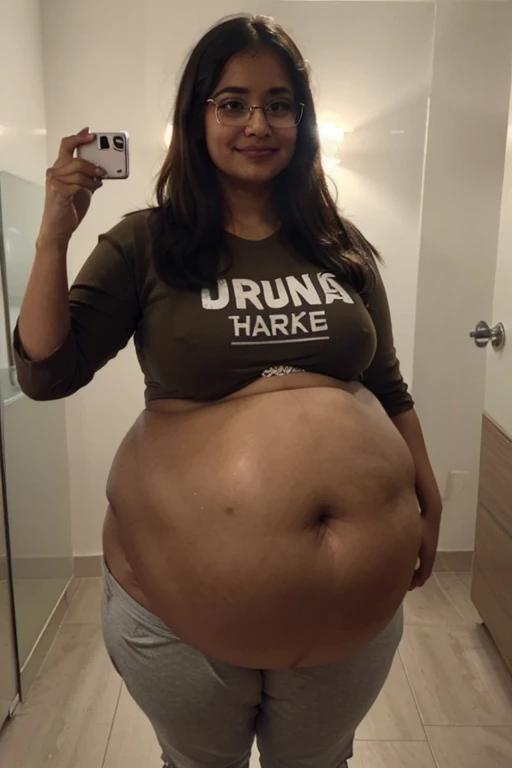 Indian woman wearing wearing ( US POLOT-Shirt and Joggers), (young woman), 20 years old, (chubby cheeks:1.4), (curvy figure:1.3), (eyeglasses), (bindi), An Indian beauty, charismatic, light Indian- skin, view the viewer, naughty smile, both eyes are the sa...