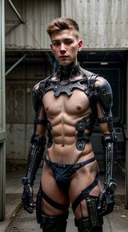 Detailed photo focusingon male beauty, very cute very skinny gay 18yo military twinks showing off military ((cyberpunk cybernetic prosthetics on their arms and legs)), cute military teenboys shirtless, wearing an army thong with short trimmed pubic hair vi...