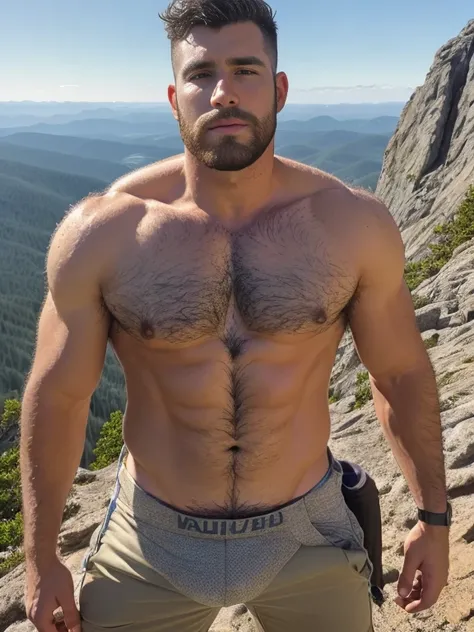 Hiker, male, lots of body hair, standing on top of a mountain, shirtless, hiking, beard, fade haircut, heavy body weight, hairy legs, close-up 