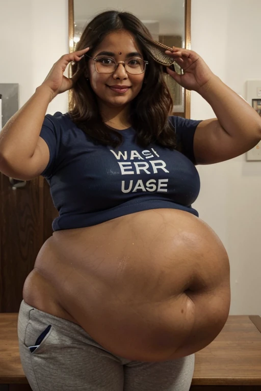 Indian woman wearing wearing ( US POLOT-Shirt and Joggers), (young woman), 20 years old, (chubby cheeks:1.4), (curvy figure:1.3), (eyeglasses), (bindi), An Indian beauty, charismatic, light Indian- skin, view the viewer, naughty smile, both eyes are the sa...