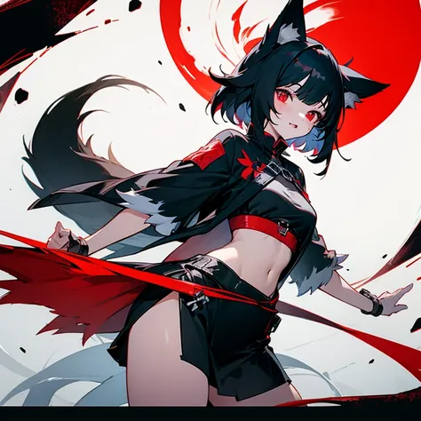 1girl, black hair, red eyes, wolf ears, wolf tail, revealing two piece outfit 