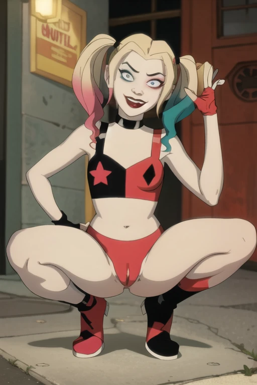 Harley Quinn, on road, action pose, medium breasts, small ass, pale skin, blonde hair, twin tails, sexy, nude body, smiling, looking on viewer, shy, squatting, Spread legs, pussy,