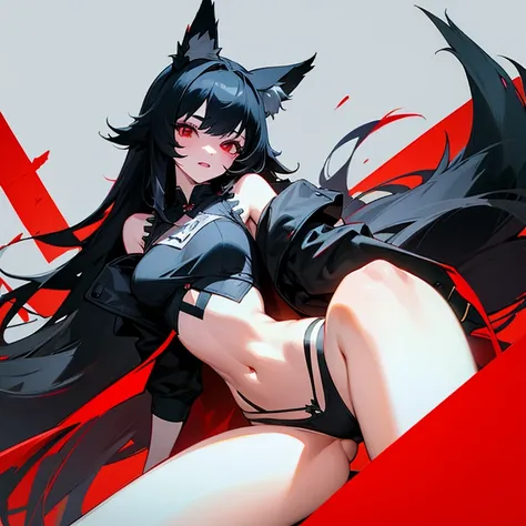 1girl, black hair, red eyes, wolf ears, wolf tail, revealing two piece outfit, no pants, sleevless top