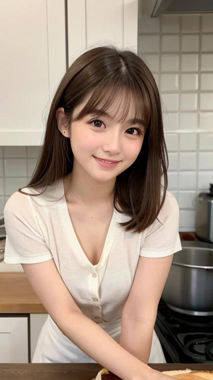 Brown Hair,Medium Hair,20-year-old female, Small nose, With the correct face, Cute natural smile, Japanese facial features, A clean and cute face, Cute realistic portrait, Asian Face, 8K Photo, Soft Makeup,Natural skin texture,Raw photo,highest quality,Ful...