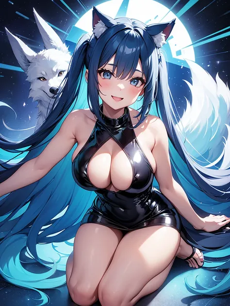 Happy woman, with wolf ears and blue hair, holding her cheeks, wolf tail, wearing a latex dress, looking at veiwer, full body, you can see her chest, naked breasts