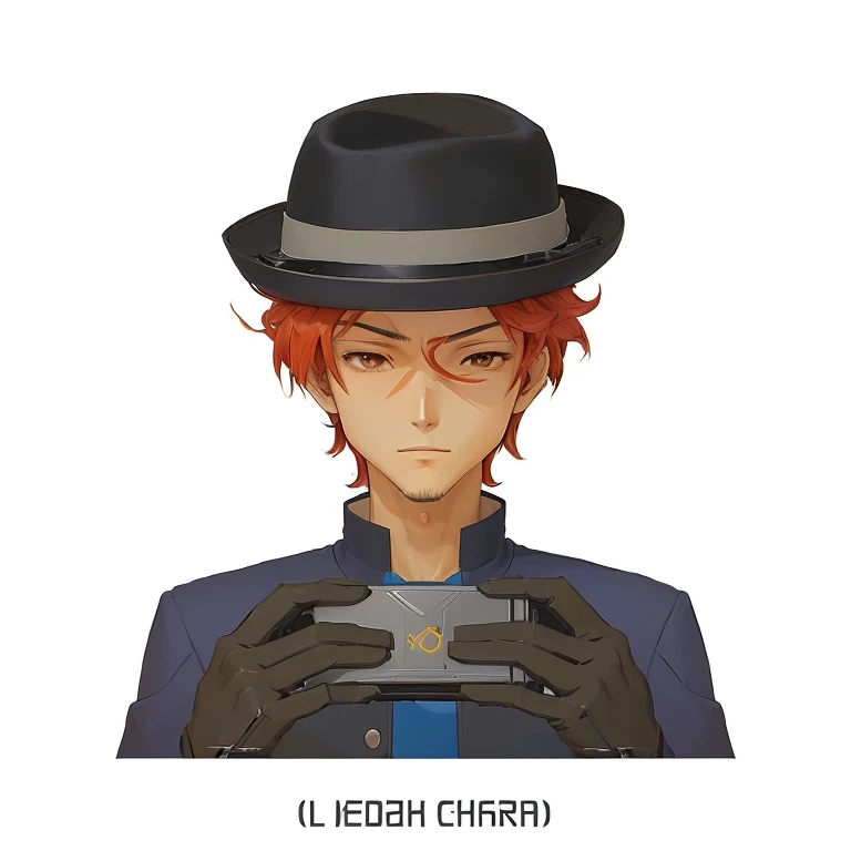 anime character with a hat and a cell phone in his hands, estilo de arte cowboy bebop, Estilo de anime cowboy bebop, inspirado em Junpei Satoh, fanart oficial, acionar estilo de arte de anime, cyber space cowboy, official character illustration, derrubando...