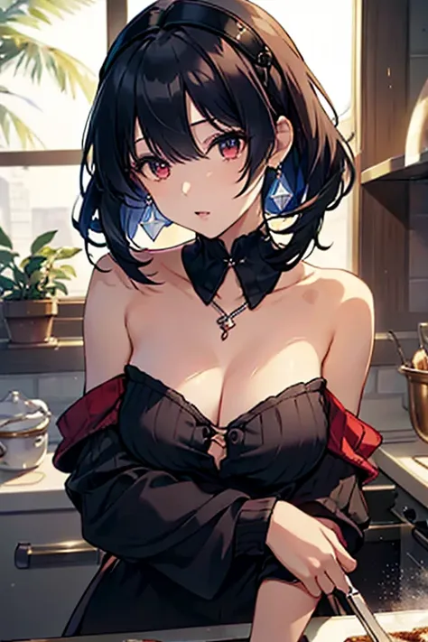 masterpiece, yor, 1girl, Amazing Cleavage:1.3, thin waist, big ass, Raised sexy, medium breast: 1.3 posed cleavage:1.2、solo, looking at viewer, open mouth, have a cup of coffee,black hair, red eyes, dress, bare shoulders, jewelry, collarbone, sidelocks, ha...