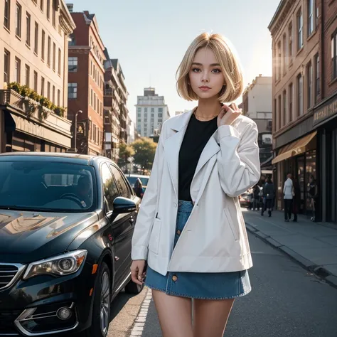 photo of, beauty girl, blonde, bob haircut, white short jacket, denim skirt, street style, spring season, beauty essence, golden hour lighting, soft warm glow, city fashion, trendy outfit, streetwear elegance, blooming surroundings, relaxed pose, fashion s...