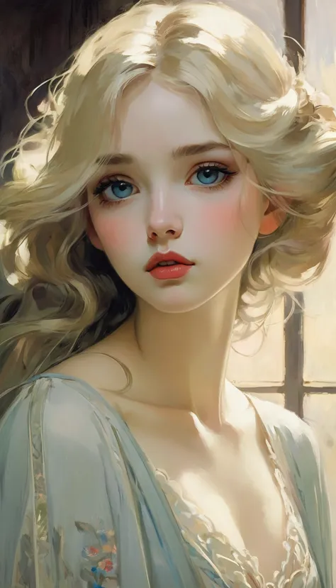 (best quality,realistic:1.2),ultra-detailed,blonde hair,malcolm liepke style,mucha,frontage,1girl,black hair,long hair,detailed ...