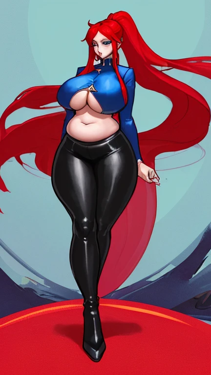 A Very Beautiful sexy 20ft tall Female Giantess, Long crimson red Hair, vibrant Blue Eyes, Wears A Low-Cut Crop Top, tight leggings, red heeled boots, Long Trenchcoat, massive_fat_round_tits, very deep_long_cleavage, very wide hips, chubby belly, thick thi...