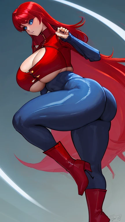 A Very Beautiful sexy 20ft tall Female Giantess, Long crimson red Hair, vibrant Blue Eyes, Wears A Low-Cut Crop Top, tight leggings, red heeled boots, Long Trenchcoat, massive_fat_round_tits, very deep_long_cleavage, very wide hips, chubby belly, thick thi...