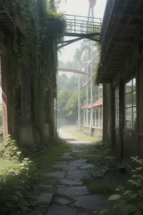 Overgrown plant life, amusement park ruins,