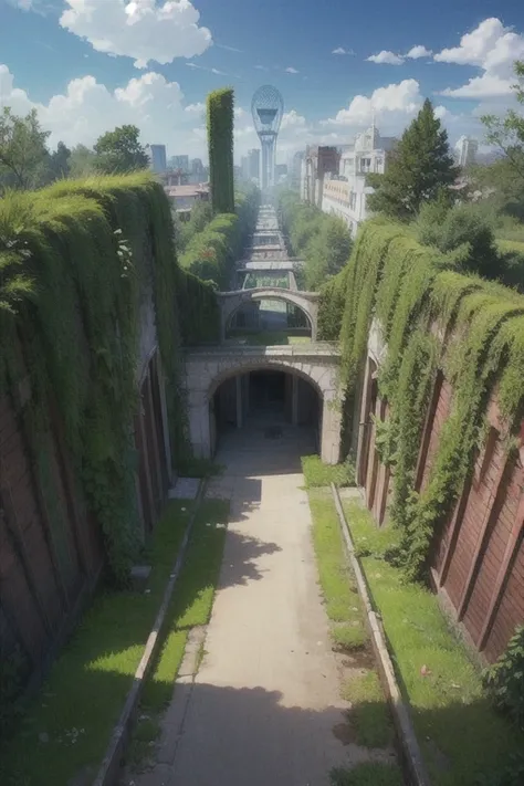 Overgrown plant life, abandoned amusement park ruins, sky view,