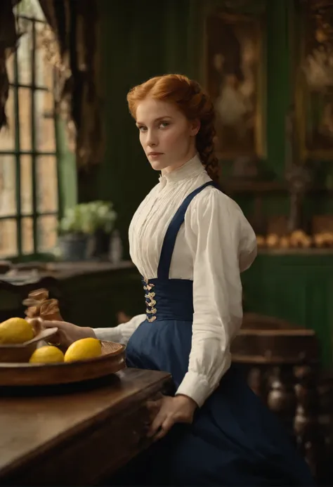 La jeune femme tient l&#39;back. Hair gathered in a ginger braid that goes down to the waist, with a lemon hairclip at the bottom of the braid. The girl is in a wooden restaurant circa 1890s. She hold one plate in each hand. She is wearing a white shirt an...