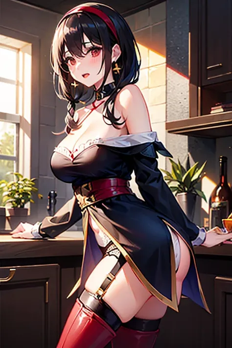 masterpiece, yor, 1girl, Amazing Cleavage:1.3, thin waist, big ass, Raised sexy, medium breast: 1.3 posed cleavage:1.2、solo, looking at viewer, open mouth, have a cup of coffee,black hair, red eyes, dress, bare shoulders, jewelry, collarbone, sidelocks, ha...