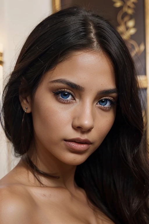 A Latina woman with sensual blue eyes. Her hair would likely be dark and luxurious, contrasting beautifully with the vibrant color of her eyes. Dark skin, reflecting her Latin roots. With delicate and expressive features, her blue eyes would highlight an i...