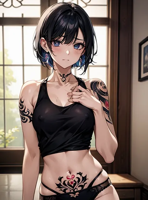 Beautiful breasts、Black Hair、Attractive breasts、Beautiful and attractive anime woman, Enchanting anime girl,Slippery、black eye、beautiful girl、、Quiet、Inconspicuous、White see-through tank top、Big Breasts、Stay in the house、Underwear is visible、Underwear is bi...