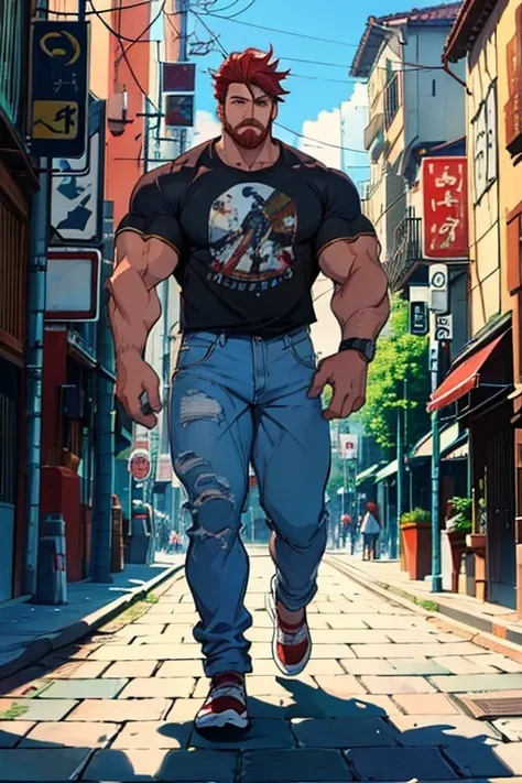 Hombre joven, cabello rojo, corte de pelo corto, vestido con un jean y camiseta blanca simple, muscular, paseando por la ciudad, handsome, ciudad de fondo, de hombros anchos, hombre muy alto, anime style