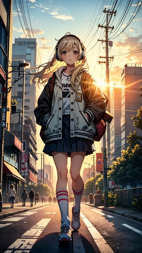 masterpiece, highest quality, Movie stills, One woman, Cloud Girl,Wearing headphones:1.5、Tokyo, Walking while listening to music, bright, Happy, Warm and soft lighting, sunset, (spark:0.7)、Nostalgia、City Pop、Nostalgia、Knee-high sockini skirt、tall、Long legs...