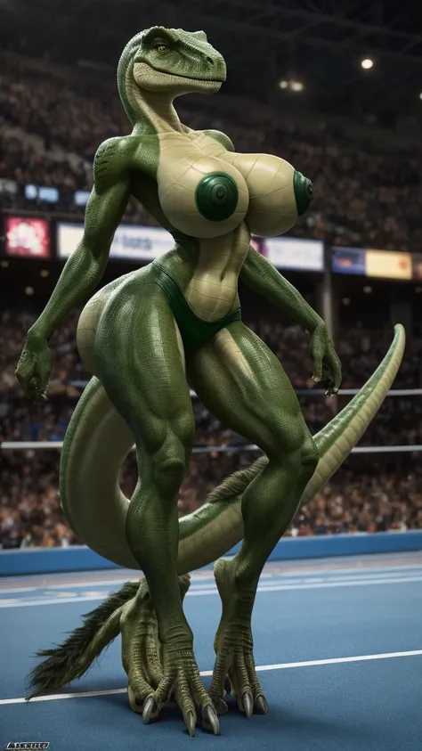  Furry Velociraptor woman  on sport BH Lartex and  full body and big breasts 