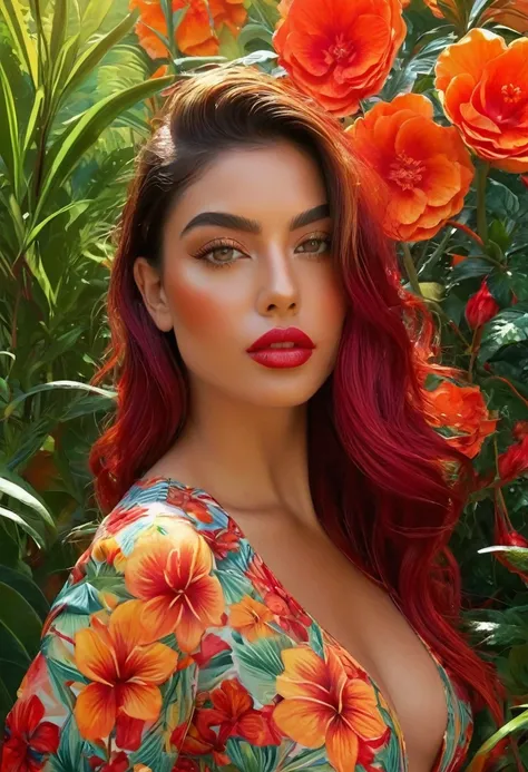 Una chica con cabello de colores rojo y naranja  vibrantes., vistiendo un traje sexy, standing in a lush garden full of exotic flowers. Tiene hermosos ojos detallados que brillan bajo la luz del sol., and her lips are painted a bold red color. The garden i...