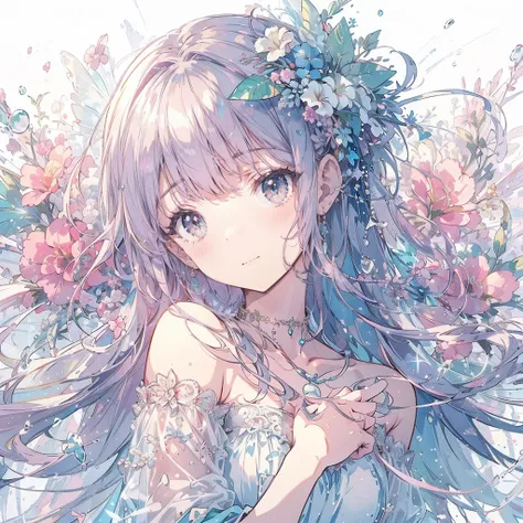 (Exquisite, beautiful, Very detailed, masterpiece, high resolution,high quality,High resolution),(Well-formed face,Soft and thin lines: 1.2, Beautiful, delicate and vivid illustrations with a mature and clear feel), A fairy princess with fairy wings is swi...