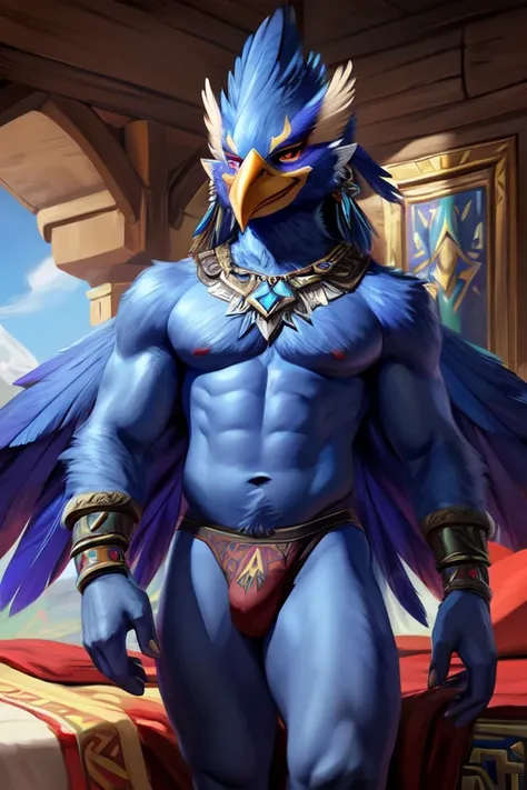 Revali (The Legend of Zelda: Breath of the Wild), anthropomorphic bird, covered in bleu feathers, chest covered in feathers, arms covered in feathers, legs covered in feathers, underwear, massive genitals, bedroom eyes, smirk, hot, chunie, darkgem, meesh