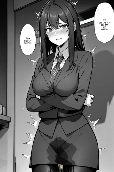 A woman with long black hair, wearing a business outfit consisting of a suit, pencil skirt, and pantyhose, stands in a monochrome setting. The artwork is inspired by manga and incorporates a doujin style. The woman appears to be (wetting herself:1.5), whic...