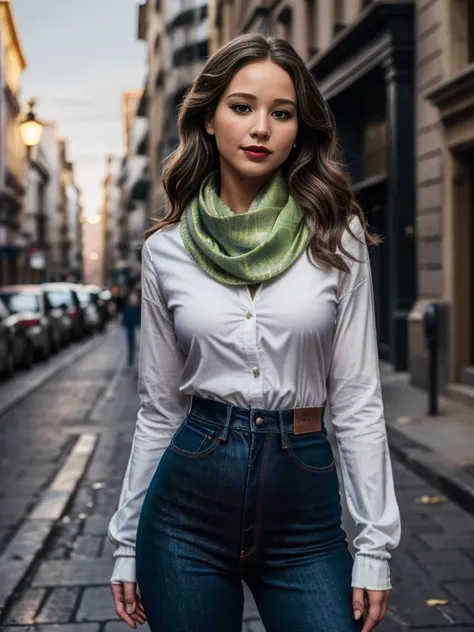 Jennifer Lawrence、(masterpiece:1.0), (Highest_quality:1.2), (Dark Shot:1.3), Classic Rogue, 1991 Rogue X-Men, 1 girl, Only 1, Head to Toe, standing on street corner, Elegant pose, (clothing: 茶colorの冬用コート, 茶colorのフード, Down lining, White scarf, gloves, jeans...