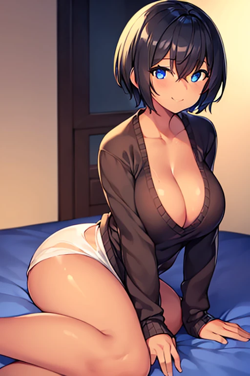 1girl, large breasts, tan, tan skin, sweater, black sweater, bare legs, smile, black hair, very short hair, blue eyes, bedsheet, bedroom, cleavage, one eye covered, hair over one eye