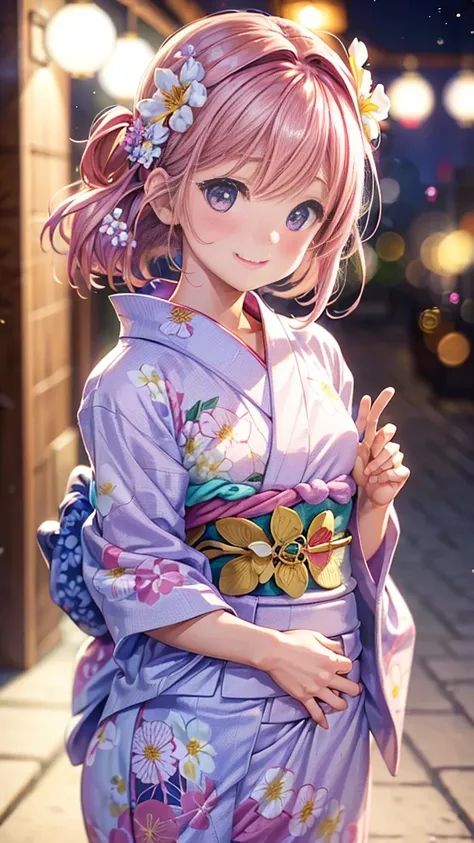 (masterpiece, highest quality:1.4), Beautiful Face, 8k, 85mm, Absurd, (Floral Yukata:1.4), Face close-up, violet, Gardenia, Delicate girl, alone, night, View your viewers, Upper Body, Film Grain, chromatic aberration, Sharp focus, Face Light, Professional ...