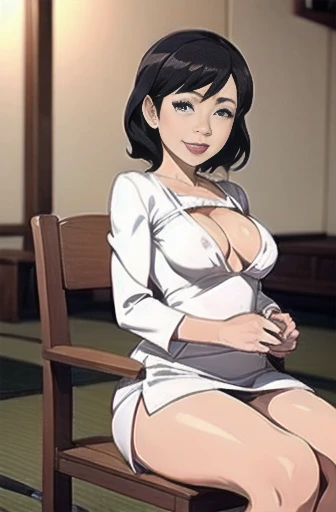 Japanese,Black Hair,50yo,mature sexy woman wearing a white dress sitting on a chair, Short dress,Tight dress,upskirt,White panties,Dim lighting, sexy, hot,Blushed cheeks,blush, Lusty mature woman,Small breasts,erect nipples,(Cum between the breasts),Semen ...