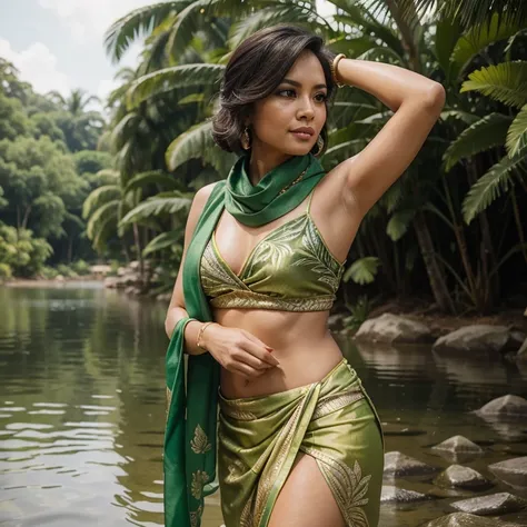 For her third set, Tina wore a beautiful green Kebaya with gold and silver accents. She paired it with a matching sarong and a green and gold batik scarf. In this pose, Tina stood in the shallow part of the river, her hands holding the scarf as she looked ...