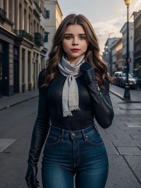 Chloe Grace Moretz、(masterpiece:1.0), (Highest_quality:1.2), (Dark Shot:1.3), Classic Rogue, 1991 Rogue X-Men, 1 girl, Only 1, Head to Toe, standing on street corner, Elegant pose, (clothing: 茶colorの冬用コート, 茶colorのフード, Down lining, White scarf, gloves, jean...