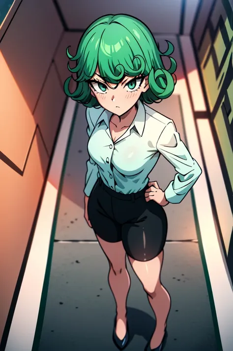 absurdres, highres, ultra detailed, tatsumakitornado, short green hair, curly hair, white shirt, black shorts,office outfit,outd...