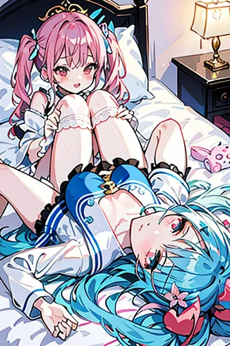 Fantasy、womanの子、Homosexuals、woman✕２
cute、Light blue hair and pink hair、Twin tails、
Lie down in bed、A little erotic